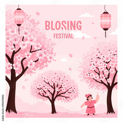 A vibrant illustration of a cherry blossom festival with pink trees, lanterns, and a person enjoying the spring bloom.