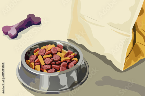 Dog food in bowl with paper bag beside it pet food concept dry kibble and treats clean studio setting domestic animal nutrition theme