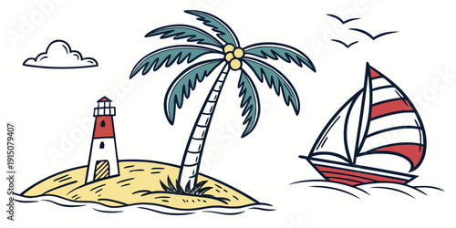 A serene tropical island with a lighthouse, palm trees, and a sailboat.