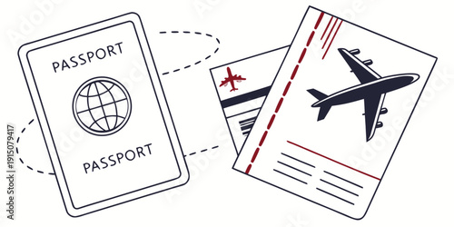 Passport and boarding pass on a table with a plane in the background