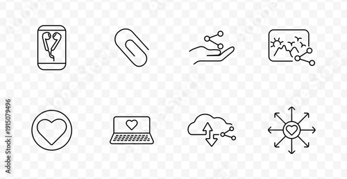 Social sharing set icon. Earphones on phone, paperclip, hand with nodes, image with network, heart icons, cloud upload, laptop with heart, radial arrows, all in outline style.