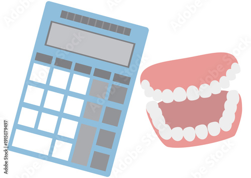 歯科治療費の見積もりや費用の計算イメージの入れ歯と電卓のイラスト素材