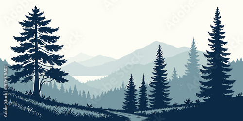 A serene landscape of tall pine trees standing in a misty, mountainous forest.