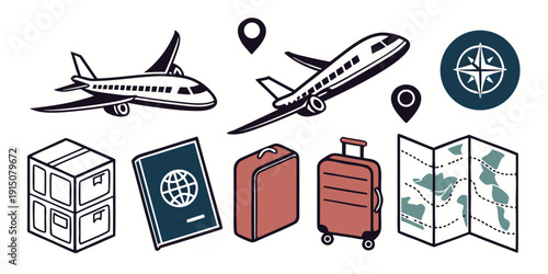Travel essentials and symbols representing journey and adventure