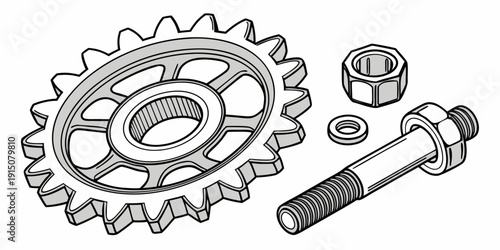 Close-up view of a gear assembly with a threaded rod and nut.