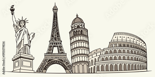 Iconic landmarks from around the world illustrated in a simple line drawing style.