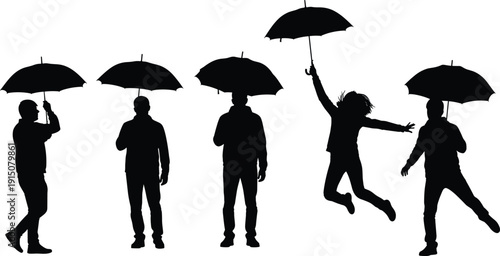 Umbrella silhouette illustration, black figure design, walking and jumping poses, vector art, expressive movement, rainy day concept, creative contrast