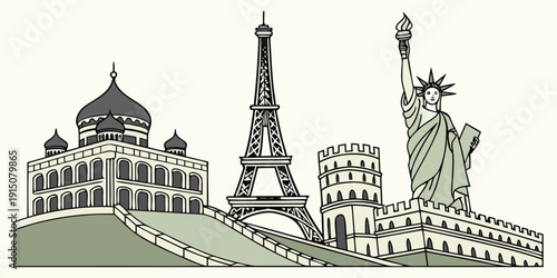 Iconic landmarks from around the world depicted in a whimsical illustration
