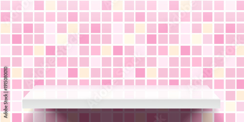 Bathroom tile counter and background pink product with shelf wall shower. Kitchen table 3d and podium scene minimal with modern perspective floor. Surface bathroom vector and isolated.
