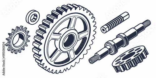 Close-up view of various gears and mechanical components in detailed illustration