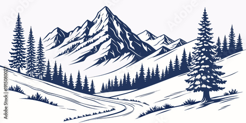 Majestic mountain landscape with dense forest and snow-capped peaks under a clear sky