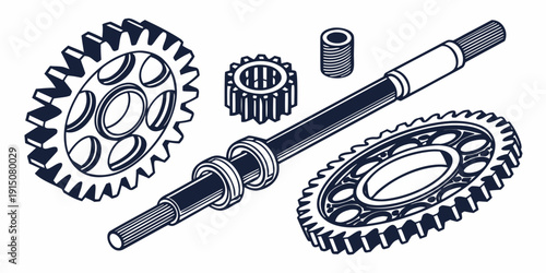 An assortment of mechanical gears and shafts in a black and white illustration