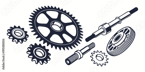 Assorted mechanical gears and tools displayed on a white background