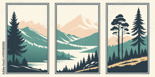 A serene landscape of mountains, trees, and a calm lake under a clear sky