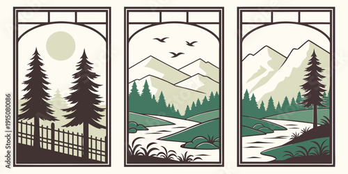 A serene triptych of a peaceful forest, a tranquil lake, and a majestic mountain range
