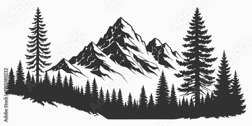 Majestic mountain landscape with dense forest and snow-capped peaks under a clear sky