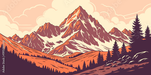 Majestic mountain range with snow-capped peaks and lush green trees at the base