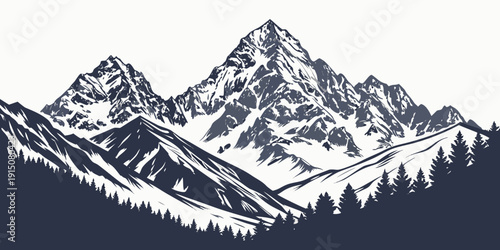 Majestic snow-covered mountain range with jagged peaks and dark forest below