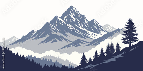Majestic mountain range with snow-capped peaks and dense forest at the base