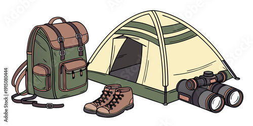 A backpack, tent, and boots set up for an outdoor adventure in the wilderness.