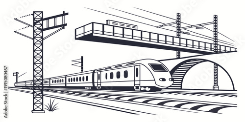 A vintage train traveling under a bridge on a railway track