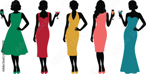 Stylish women in vibrant dresses holding cocktails ready for a sophisticated party event
