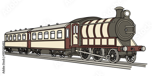 A vintage steam locomotive pulling passenger carriages through a scenic landscape