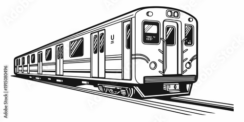 A detailed illustration of a vintage passenger train traveling on tracks