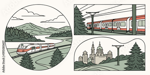 Four distinct landscapes showcasing nature, architecture, and transportation.