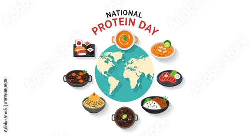 Illustration of National Protein Day with globe surrounded by various protein-rich foods, symbolizing international nutritional awareness and balanced diet.