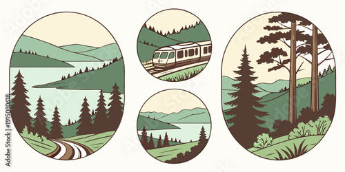 Four scenic landscapes featuring lush forests and serene lakes surrounded by mountains