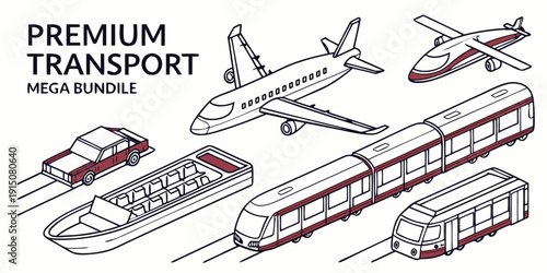 A diverse collection of premium transport vehicles including airplanes, trains, and ships.