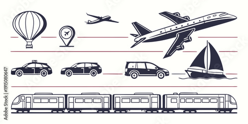 A collection of various modes of transportation including air, land, and sea vehicles.