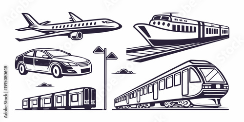 Illustration of various modes of transportation including cars, trains, and planes.