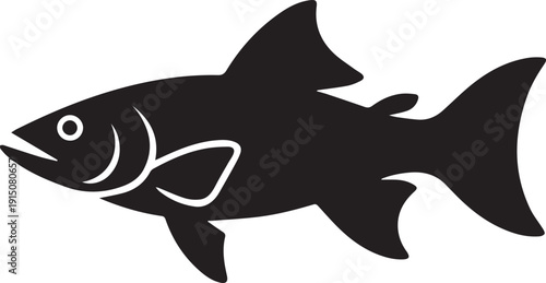 Black silhouette of a fish, isolated on a white background. Clean vector illustration ideal for aquatic life, fishing, wildlife, logos, icons, and minimalist graphic design projects.
