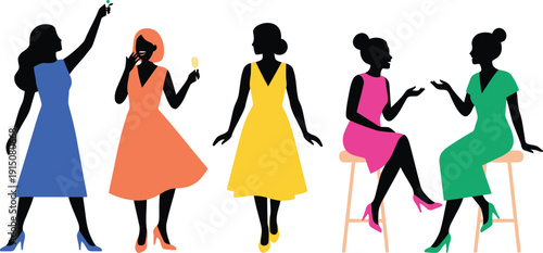 Group of diverse women silhouettes enjoying a vibrant party celebration with friends