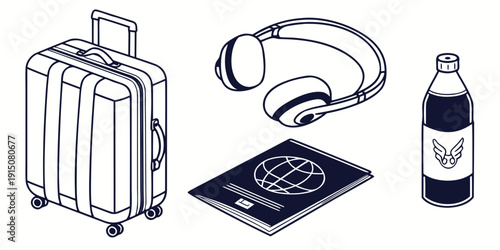 Assorted travel items including a suitcase, headphones, mouse, mousepad, and water bottle.