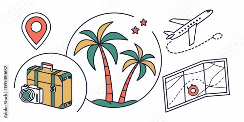 Vacation planning illustration with tropical destination and travel essentials