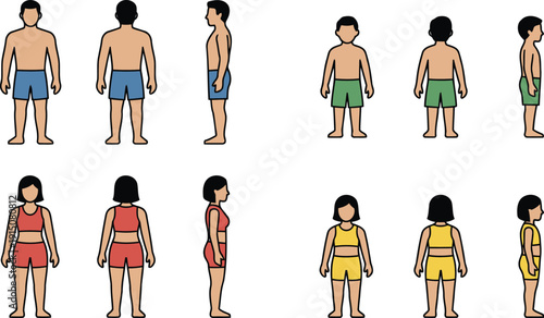 Diverse human body shapes portrayed from front back and side views for anatomical study