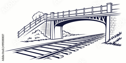 A detailed sketch of a railway bridge over tracks with a train approaching.