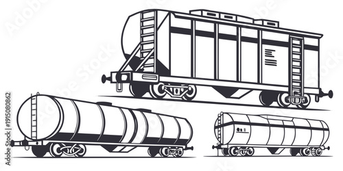 A variety of train cars including a passenger car, a tank car, and a freight car