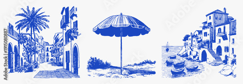 Mediterranean rocky canyon cove sailboats quiet water. Hand drawn cliffs, trees and narrow shoreline in textured blue sketch. Illustration for landscape prints or travel art.