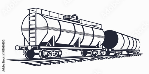 A detailed black and white illustration of a train carrying tanker cars