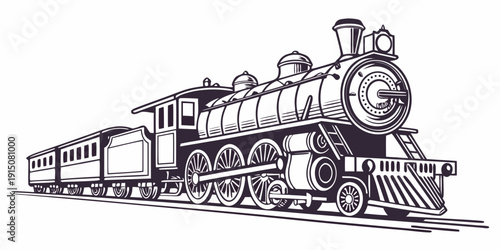 A vintage steam locomotive with a tender car moving along the tracks.