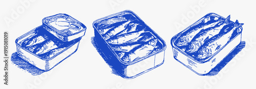 Canned sardines seafood tins hand drawn vintage sketch. Open metal boxes with small fish in rustic ink style. Mediterranean food illustration for kitchen, menu or restaurant design.