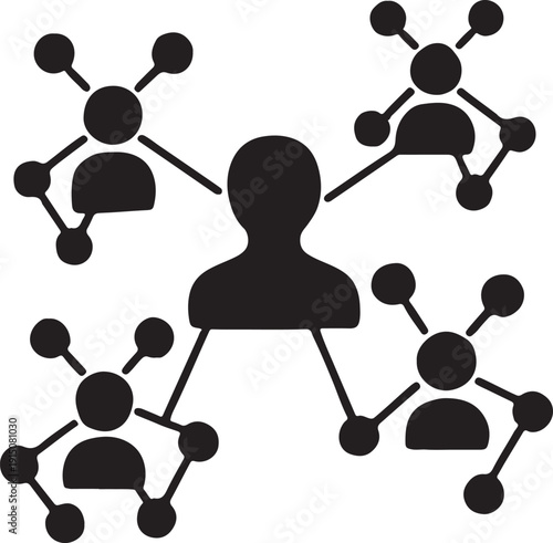 A central figure connected to a network of other individuals through lines isolated on white background, illustration