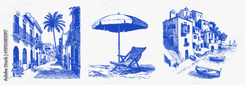 Mediterranean beach village street umbrella seaside scenery. Hand drawn blue ink set with palm, chair and harbor houses. Summer travel scenes in vintage coastal style.