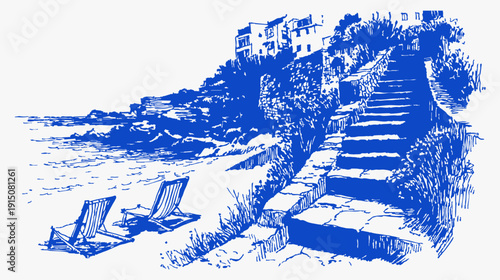 Seaside houses and stone steps mediterranean village. Hand drawn blue ink coastline with deck chairs and rocky shore. Summer travel scenery for decor or prints.
