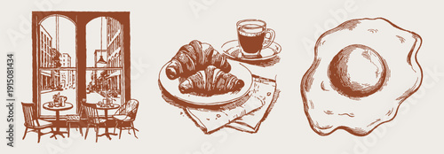 Bakery croissant coffee sunny cafe hand drawn. Crayon vintage sketch drawing line style with window table and fresh pastry plate. Warm french breakfast for posters or packaging.