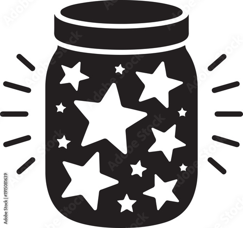 A magical jar filled with sparkling stars and radiant light beams isolated on white background, illustration